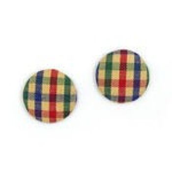 Boucles d'oreilles clip bouton recouvert tissu tartan rouge bleu vert 1