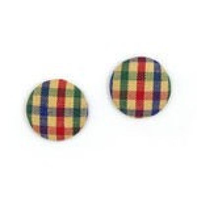 Boucles d'oreilles clip bouton recouvert tissu tartan rouge bleu vert