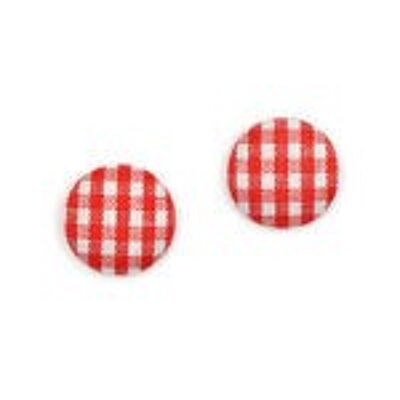 Red and white gingham fabric covered button clip-on earrings