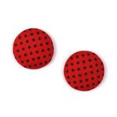 Pendientes de clip hechos a mano con botones redondos de tela de lunares rojos y negros
