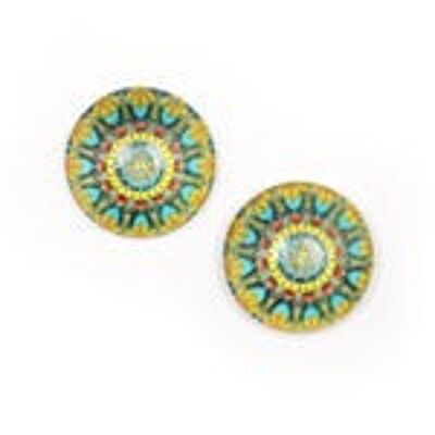 Pendientes de clip botón redondo de cristal estampado flor geométrica azul y amarillo