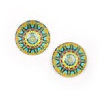 Boucles d'oreilles clip bouton rond en verre imprimé fleur géométrique bleu et jaune 1
