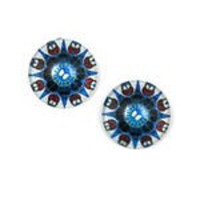 Pendientes de clip botón redondo de cristal estampado flor geométrica azul y blanca