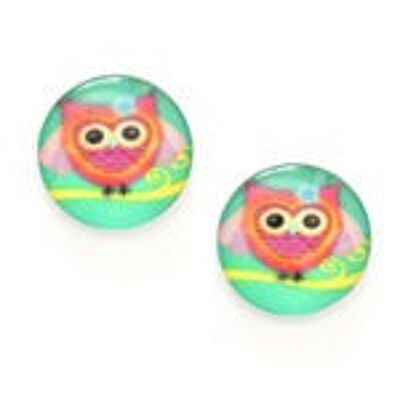 Lovely pink owl printed glass on green round button clip-on earrings