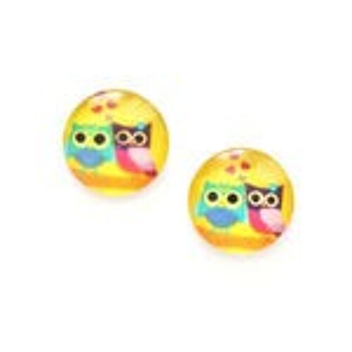 Cute owls printed glass on yellow button clip-on earrings