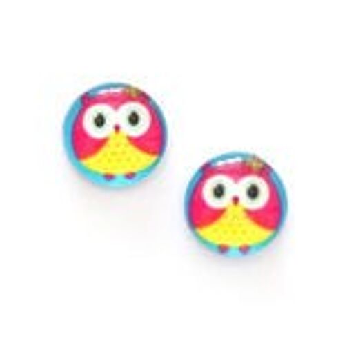 Yellow and pink owl printed glass round clip-on earrings