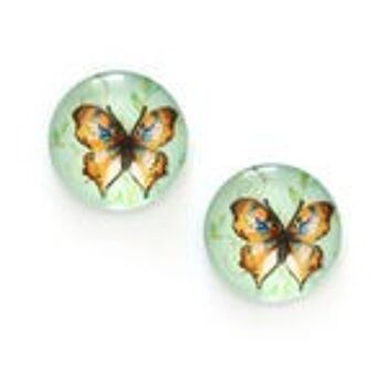 Boucles d'oreilles clip verre imprimé papillon marron sur bouton rond vert pâle 1