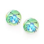 Blue ladybug printed glass round clip-on earrings