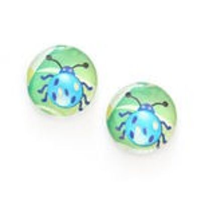 Boucles d'oreilles clip rondes en verre imprimé coccinelle bleue