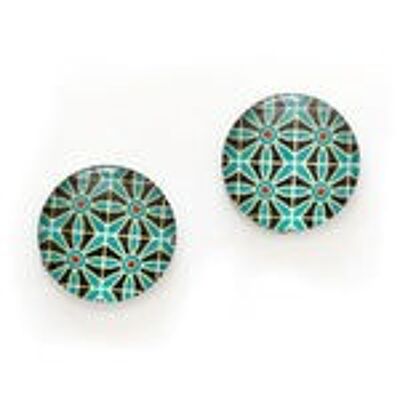 Sea green flower printed glass round clip-on earrings