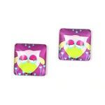 Boucles d'oreilles clip forme carré en verre imprimé hibou violet et vert