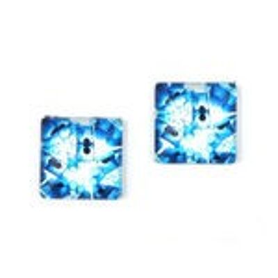 Boucles d'oreilles clip forme carrée en verre imprimé motif géométrique tube blanc et bleu