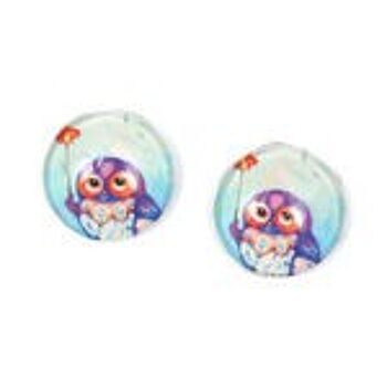 Boucles d'oreilles rondes clip en verre imprimé hibou bleu et violet 1