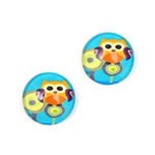 Blue and orange owl printed glass round clip-on earrings