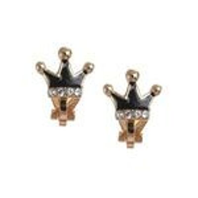 Pendientes De Clip Corona De Esmalte Negro Con Cristal