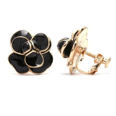 Aretes de clip con parte posterior de rosca en tono dorado y flor de esmalte negro