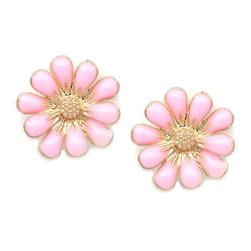 Pink enamel flower gold-tone clip on earrings