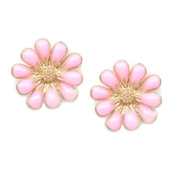 Boucles d'oreilles clip dorées fleur en émail rose