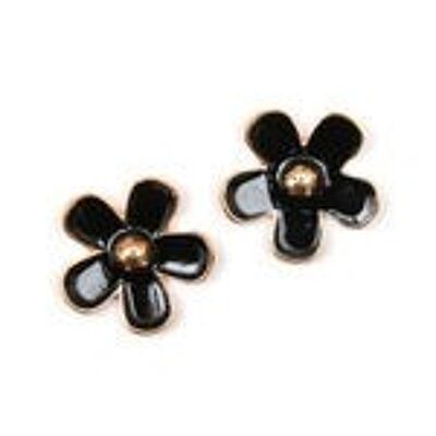 Pendientes de clip flor de esmalte negro con baño de oro rosa