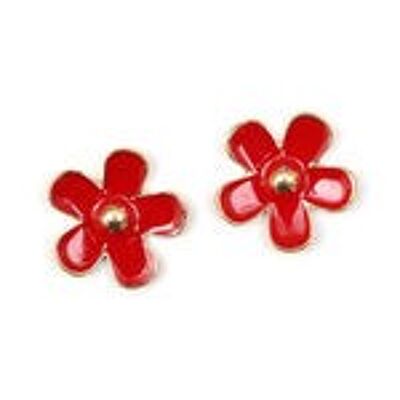 Pendientes de clip flor de esmalte rojo con baño de oro rosa