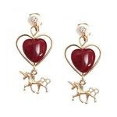 Boucles d'oreilles pendantes clip licorne et coeur rouge en métal doré