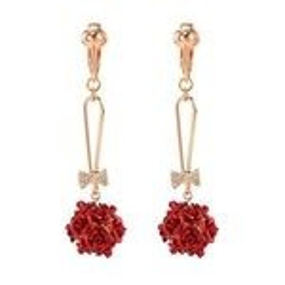 Red Roses with Diamante Bow Gold-tone Clip On Earrings
