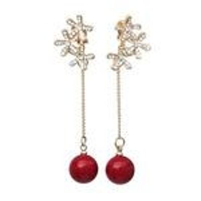 Aretes colgantes de clip con cadena dorada y flores de diamantes con cuentas rojas