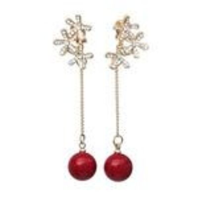 Diamante Flowers with Red Bead Gold-Tone Chain Dangle Clip-on Earrings