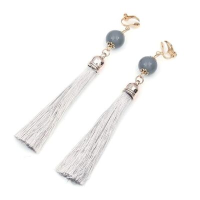 Gray Tassel with Bead Statement Drop Clip On Earrings