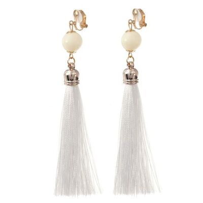 White Tassel with Bead Statement Drop Clip On Earrings