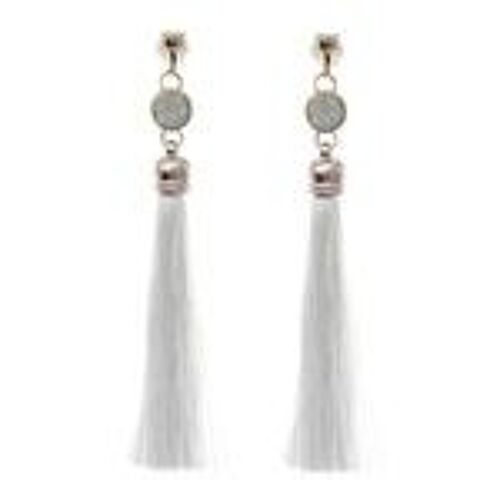 White Tassel with Opalesque Statement Drop Clip On Earrings