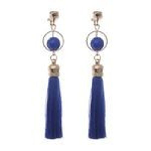 Blue Fringe Tassel with Bead and Circle Statement Drop Clip On Earrings