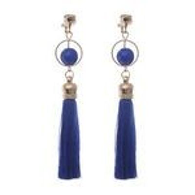 Blue Fringe Tassel with Bead and Circle Statement Drop Clip On Earrings