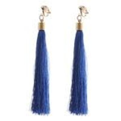 Blue Fringe Tassel Statement Drop Gold Tone Clip On Earrings