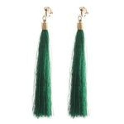 Green Boho Tassel Statement Drop Gold Tone Clip On Earrings