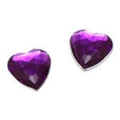 Boucles d'oreilles clip coeur strass acrylique facetté violet foncé