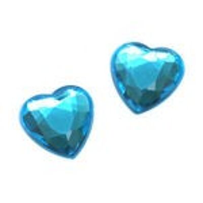 Boucles d'oreilles clip coeur strass acrylique bleu ciel profond à facettes