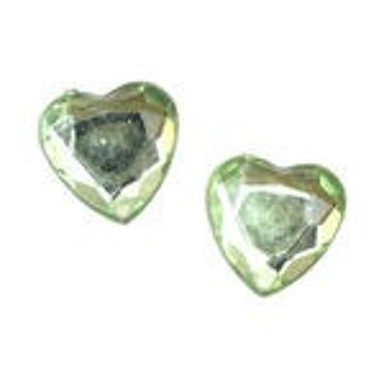 Boucles d'oreilles clip coeur strass acrylique vert clair à facettes 1