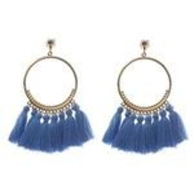 Blue Tassel Statement Drop Hoop Clip On Earrings