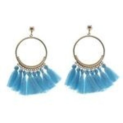 Sky Blue Tassel Statement Drop Hoop Clip On Earrings