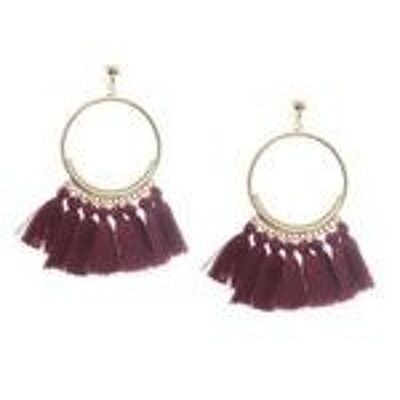 Burgundy Tassel Statement Drop Hoop Clip On Earrings