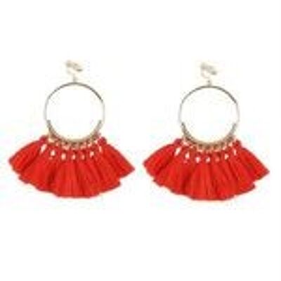 Red Tassel Statement Drop Hoop Clip On Earrings