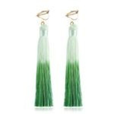 Green Two Tone Tassel Statement Drop Clip On Earrings