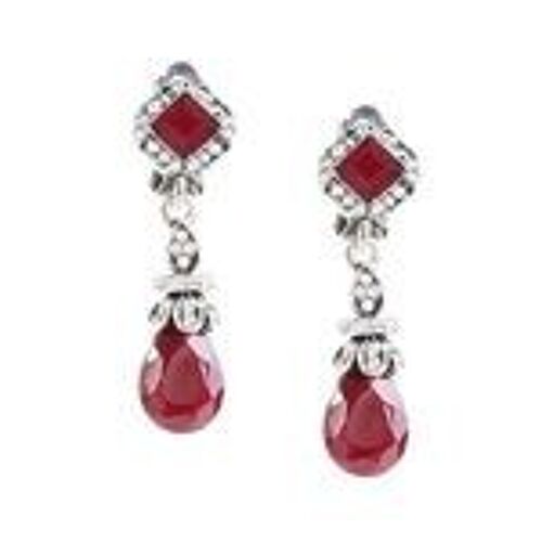 Red Faceted Teardrop and Crystal Dangle Clip On Earrings