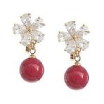 Boucles D'Oreilles Clip Fleur De Zirconium Avec Goutte De Perle Rouge Plaqué Or Jaune 1