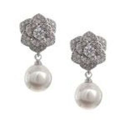 Micro Pave CZ Flower mit Shell Pearl Drop Vergoldete Ohrclips