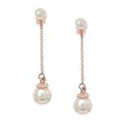 Boucles D'oreilles Pendantes Clip Sur Chaîne Double Perle Plaqué Or Rose