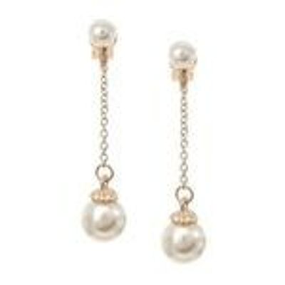 Yellow Gold-Plated Double Pearl Chain Drop Clip On Earrings