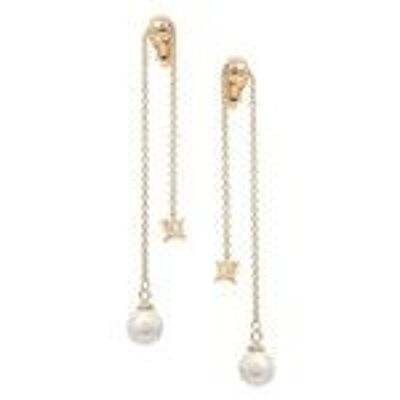 Gold-Plated Simulated Pearl with CZ Double Chain Drop Clip On Earrings