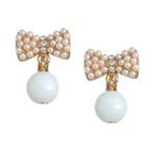 Cluster Faux Pearl Crystal Bow with Blue Bead Drop Screw Back Clip-on Earrings